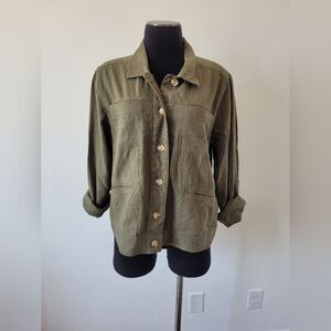Lucky Brand Linen Blend Button Up Blouse Top Olive Army Green Lightweight Large